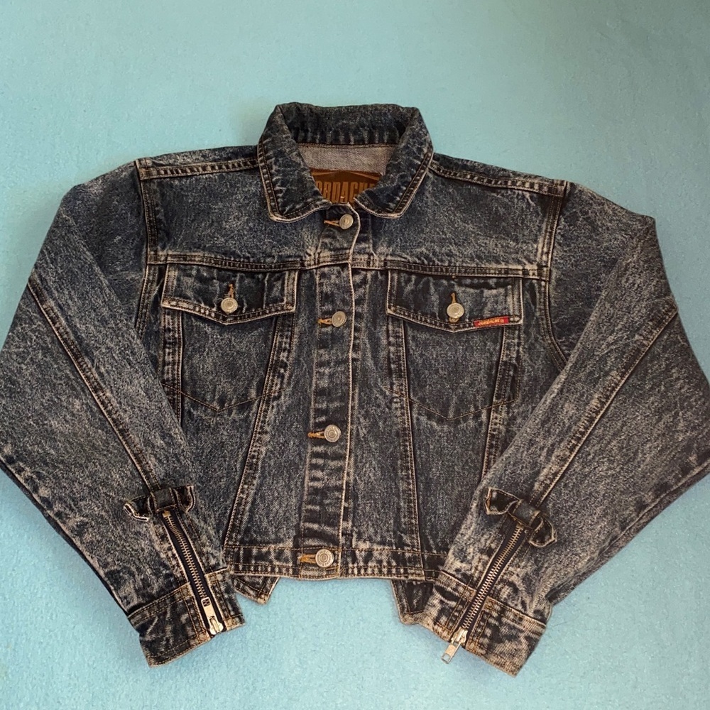JORDACHE denim button front jacket bows and zippers medium blue vintage size M
